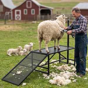 Proshine Livestock Trimming Stand with a Ramp 47 * 23” Goat Stand Goat Milking Stand Adjustable Height 20” to 31” Sheep Stand with Headpiece and Nose Loop for Sheep Lambs Goats Metal Livestock Stand