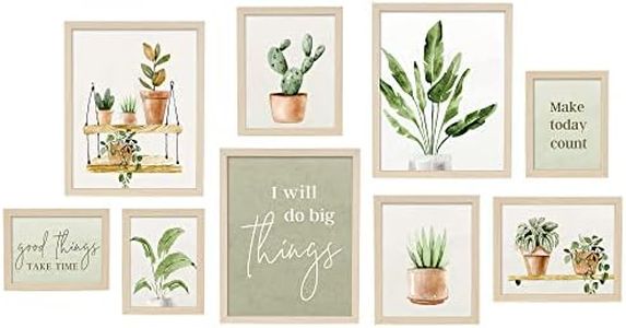 ArtbyHannah 9 Pack Botanical Gallery Wall Frame Set for Living Room Decor, Picture Frames Collage Wall Decor with Green Potted Plants and Inspirational Sayings, Multi Sizes