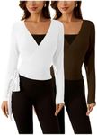 SweatyRocks Women's 2 Pack Yoga Shirts Wrap Ruched Tie Front Long Sleeve Workout T Shirts Brown and White Large