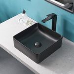 Davivy 14.3'' Matte Black Bathroom Sink with Pop Up Drain,Square Vessel Sinks,Bathroom Sinks Above Counter,Ceramic Vessel Sink,Counter Top Sink,Square Sink Bowls for Bathroom