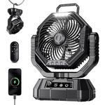 AJVV Camping Fan, 20000mAh Rechargeable Battery Fan with Stepless Wind Speed, Rechargeable Personal Desk USB with Hanging Hook/Light, for Home Outdoor Travel Fishing - Black