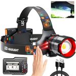 Rechargeable Headlamp 500000 High Lumens, LED Headlight with 5 Modes, Zoomable, IPX7 Waterproof, Motion Sensor Brightest Head Lamp, Powerful Hardhat Headlamps for Running, Camping, Emergency, Outdoor