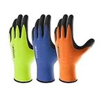 COOLJOB Work Gloves for Men & Women, 3 Pairs Non-slip Crinkle Latex Gardening Gloves with Firm Grip, Safety Work Gloves in High Visible Orange, Yellow, Blue, Large, 3 Pairs L