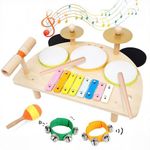 Kids Drum Set, Montessori Musical Instruments for Toddlers 1-3, Wooden Baby Musical Toys, Musical Activity Table Preschool Learning Xylophone Drum Kit, Christmas Birthday Gift for Boys Girls Ages 1-3