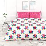 LORETO – A QUALITY LINEN BRAND 100% Cotton Bedsheet for Double Bed (88x90 Inches) | 144 TC Queen Size with 2 Pillow Covers | Blue & Pinkish Red Lotus Floral Print | Soft & Breathable Fabric