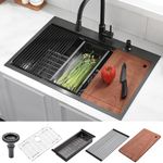 33 Black Workstation Drop in Kitchen Sink, Luckyhorse 33x22x10 Inches 16 Gauge Nano Black Stainless Steel Topmount Workstation Kitchen Sink with Sliding Accessories LH007SB