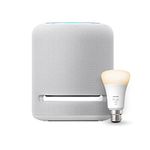 Echo Studio, Glacier White + Philips Hue White Smart Light Bulb LED (B22), Works with Alexa - Smart Home Starter Kit