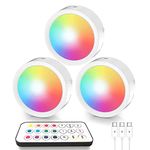 PRINCEWAY Rechargeable Puck Lights with Remote Control, 3 Pack Dimmable LED Under Cabinet Lights, Magnetic Wireless RGB Puck Lights,13 Colors RGB Lighting, 1000mAh Battery Operated