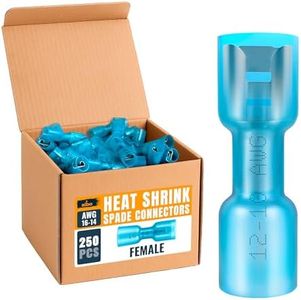 250PCS Heat Shrink Female Spade Connectors Kit – AWG 16-14 Blue Waterproof Electrical Terminals, Fully Insulated Female Wire Spade Connectors for Automotive, Marine, and Electrical Wiring Projects