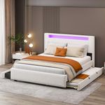 Merax Upholstered Platform Queen Size Bed with LED Frame Modern Teddy Fleece Bed with Trundle Headboard and 2 Storage Drawers, White