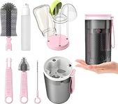 Travel Bottle Brush Set, 6 in 1 Baby Bottle Cleaning Kit with Portable Drying Rack, Silicone Brush for Bottle, Nipple, Straw, Soap Dispenser, for New Mom (Pink)