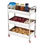 OXMEZA 202 Stainless Steel Vegetable Stand Kitchen Trolley with Wheels Multifunctional Easy Assembly Vegetable Basket Serving Rotating Trolley (32 X 9 X 17.5 inch) (3 Layer Folding Trolley)