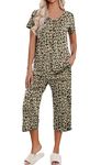 Ekouaer Women's Pajama Sets Short Sleeve Sleepwear Button Down 2 Piece Pj Loungewear Top and Capri Pants Brown Leopard,L