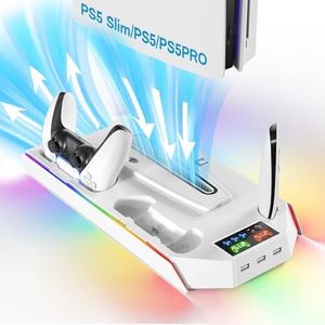 PS5 Cooling Station Stand RGB with Dual Controller Charging Station for PlayStation 5 Console, PS5 Accessories Incl. Controller Charger, Cooling Fan, Headset Holder, 3 USB Hub