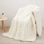 Chunky Knit Blanket, Luxury 100% Hand Knitted, Soft and Cozy Sofa Bed Chair Weighted Thick Woven Throw Blanket, 101 * 127cm, White