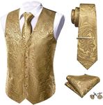 Barry.Wang Designer Waiscoat Vest for Men Necktie Hanky Cufflink Wedding Business Formal Dress Tuxedo, Gold, L