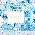 Baby Shower Decorations for Boy, 142 PCS Blue Baby Party Balloon Decorations with Balloons Boxes, Blue Balloon Arch Kit Birthday Party Blue Foil Balloons,Banners,Tablecloth,Baby Shower Sash