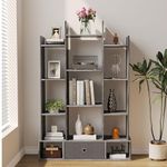 Vermess Bookshelf, Tree-Shaped Bookcase Storage Shelf with 14 compartments, Books Organizer Display Cube Shelves, Industrial Free Floor Standing Wood Open Bookshelves for Home,Gray