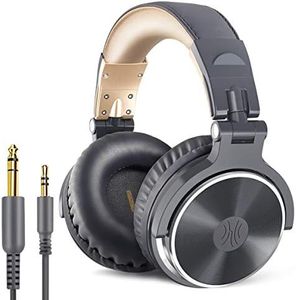 OneOdio Over Ear Headphone Studio Wired Bass Headsets with 50mm Driver, Foldable Lightweight Headphones with Shareport and Mic for DJ Monitoring Mixing Guitar PC TV (Grey Gold)