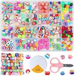 600PCS Polymer Clay Beads Bracelet Making Kit for Girls, 24 Style Fruit Flower Animal Heart Mushroom Clay Beads Pony Beads and Candy Alphabet Beads for Jewelry Necklace Earring Making