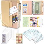 A6 Budget Binder with Cash Envelopes, 28PCS Budget Planner with Cash Envelopes, Zipper Envelopes Budget Sheets Stickers & Pen for Budgeting Saving Money Organizer (Khaki & Pink)