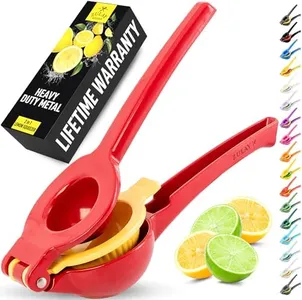 Zulay Kitchen Metal 2-in-1 Lemon Squeezer - Sturdy Max Extraction Hand Juicer Lemon Squeezer Gets Every Last Drop - Easy to Clean Manual Citrus Juicer - Easy-Use Lemon Juicer Squeezer - Red/Yellow