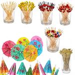 350 pcs Cocktail Picks and Drink Umbrellas, Cocktail Drink Accessories 12cm Fruit Stick Bamboo Knotted Pick, 10cm Paper Umbrella Drinks Decoration for Christmas New Year Luau Hawaii Beach Party