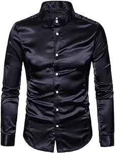 HENGAO Men's Shiny Satin Dance Prom Shirts, Black, Large