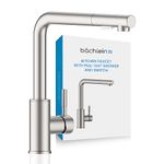 Bächlein Kitchen Faucet 360 Degree Swivel (Brushed Stainless Steel) - One-Hand Sink Mixer Made of Stainless Steel with Extendable Hose and Shower Head with Switch, Water Tap for The Kitchen