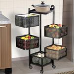 Heart Home Storage Rack | 5-Layer Revolving Vegetable Kitchen Rack | Square Multipurpose Storage Trolley with Wheels | Metal Fruit Storage Rack | Kitchen Cabinet Spice Rack | Black