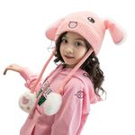 Tomorrow Winter Beanie for Children - Cute Cartoon Rabbit Bunny Hat with Moving Ears, Windproof and Ear Protection Design Pink