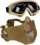 Aoutacc Airsoft Mesh Mask, Half Face Mesh Masks with Ear Protection and Tactical Goggles Set for CS/Hunting/Paintball/Shooting, Tan