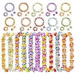 Gukasxi 40Pcs Hawaiian Leis Party Decorations Hawaiian Garlands Leis Set with Hawaiian Flower Necklace Flowers Bracelets Headband Luau Floral Leis Garlands for Tropical Beach Party Decorations