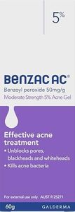 Benzac AC 5.0% Moderate Acne Gel 60g, Kills up to 94% of Acne Bacteria in 1 Week, Contains Benzoyl Peroxide, Dermatologically Tested