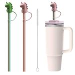 HASTHIP® 2Pcs Silicone Straw with Cleaning Brush, 12 inches Colorful Silicone Straws for Water Bottle, BPA -Free, Reusable, Kids Silicone Straws with Cartoon Dino Cap