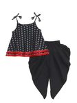 The Magic Wand Printed Kids Girls Dhoti Kurta Set Frock Style Kurti With Dhoti Style Salwar Cotton Sleeveless Tie Up Lace Top Ethnic Dress For Navratri, Black, 2-3 Year