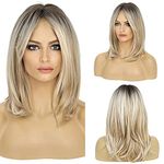 HAIRCUBE Long Blonde Wigs for Women Synthetic Hair Wig with Fringe Ombre Color with Dark Roots