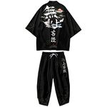 DOSLAVIDA Men's Japanese Style Kimono Sets Lightweight Open Front Cardigan Suits Chinese Style 3/4 Sleeve Tops & Shorts, Style 8-black1, 3XL