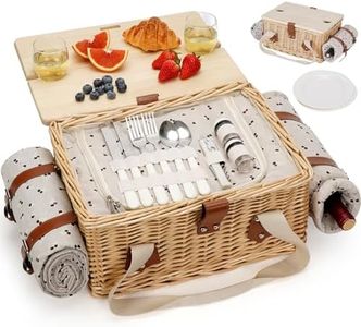 HappyPicnic Picnic Basket for 2, Handmade Wicker Picnic Set with Folding Table and Waterproof Blanket, Large Insulated Picnic Basket with Wine Bag & Cutlery Kit for Picnic, Camping, Holidays (Cherry)