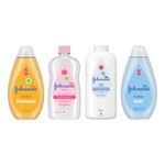 Johnson's 4-Pack Newborn Essentials with Our Gentle Baby Oil 500ml, Baby Shampoo 500ml, Baby Talc 500g, and Baby Bath Wash 500ml. Dermatologist Tested Baby Essentials for Newborn.