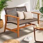 IDZO Harmonie 800lbs Capacity Outdoor Furniture, FSC Certified Sofa with Upgraded 2000 Hours UV Resistant Wicker, Teak Finish Porch Couch, Acacia Patio Loveseat_Ash Beige