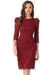 Allegra K Women's Elegant Lace Floral Crew Neck 3/4 Sleeve Bodycon Wedding Guest Cocktail Dress Burgundy X-Small