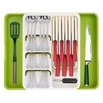 FOREVERIE Double Sided Extra Large Extendable Utensils Drawer Organizer with Knife Holder, Adjustable Kitchen Silverware Cutlery Tray for Knives, Spoons and Forks, White Green