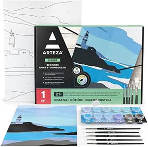 Arteza Paint by Number for Adults, 12x16 Inches, 21 Pieces, Coastal Paint by Numbers Kit with 1 Canvas Panel, 12 Acrylic Paint Pots, 5 Paintbrushes, Art Supplies for Beginners & Hobby Painters