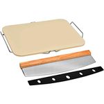 Mimiuo Pizza Grilling Tool Kit - Including 15 x 12 inch Pizza Stone with Metal Handle Rack, Rocker Pizza Cutter Blade with Wooden Safer Grip & Protective Cover – Premium Pizza Oven Grill Accessories