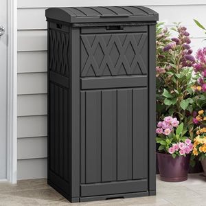 DWVO 33 Gallon Outdoor Trash Can with Tiered Lid and Drip Tray, Waterproof Resin Garbage Can for Patio, Kitchen, Deck and Backyard - Black