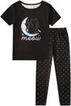 MyFav Halloween Girl Pajamas Set Cute PJS Short Sleeve Long Pants Sleepwear Crew Neck Kid PJS Night Clothes,Black Moon,8Y
