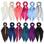 Cinaci 12 Pieces Solid Silky Satin Chiffon Hair Ties with Long Ribbon Bow Tail Hair Scrunchies Ponytail Holders Rubber Bands Accessories for Women Girls Teens