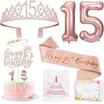 8pcs 15th Birthday Decorations for Girls, Including 15 Birthday Cake Topper, Birthday Queen Sash with Pearl Pin, Sweet Rhinestone Tiara Crown, Number Candles and Balloons Set, Rose Gold