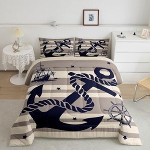 Feelyou Anchor Decor Comforter Queen Size Nautical Sailboat Bedding Set for Boys Girls Grey Yellow Comforter Set Ocean Quilt Set 3Pcs